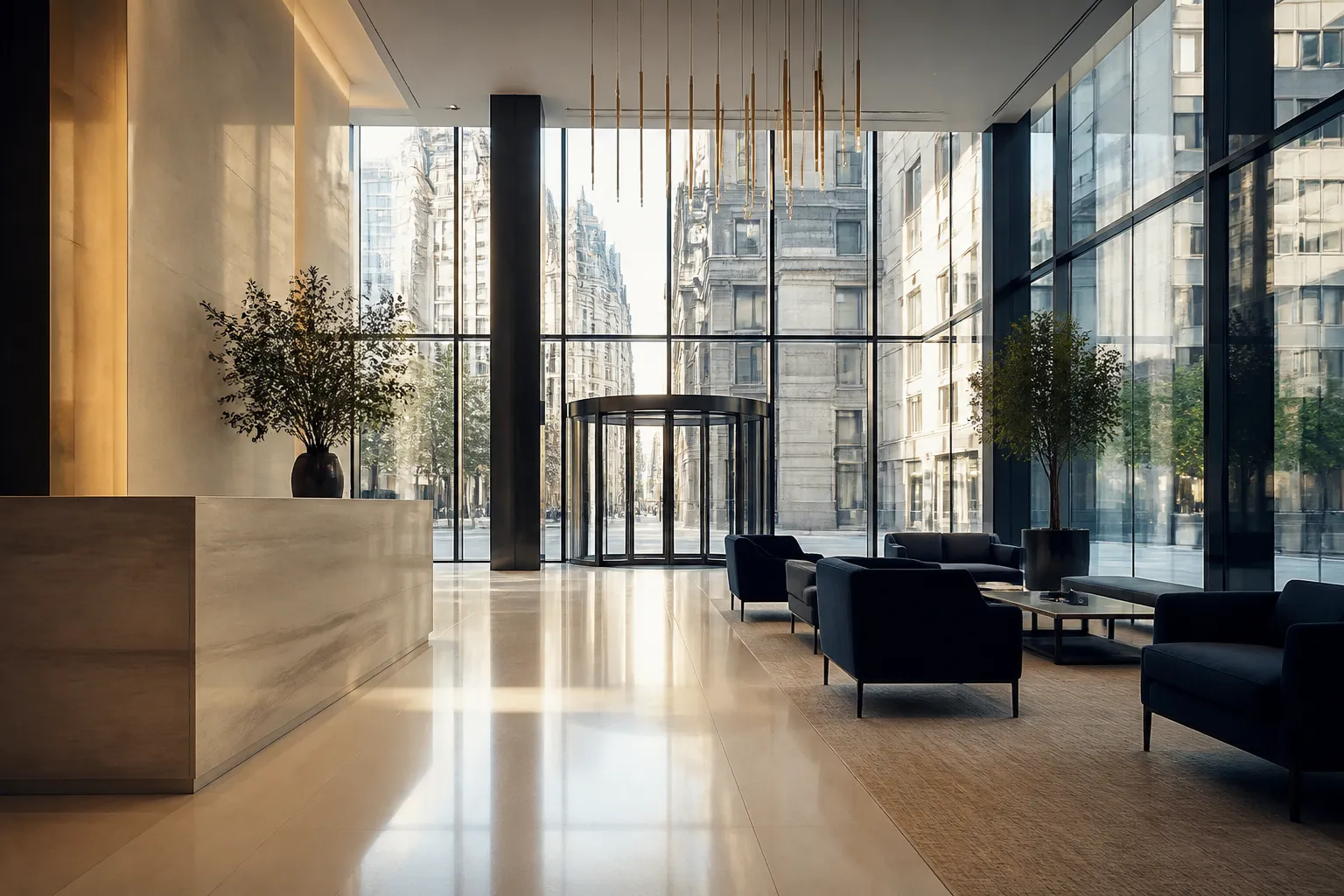 A bright, empty office lobby with polished floors and a calm reception desk.