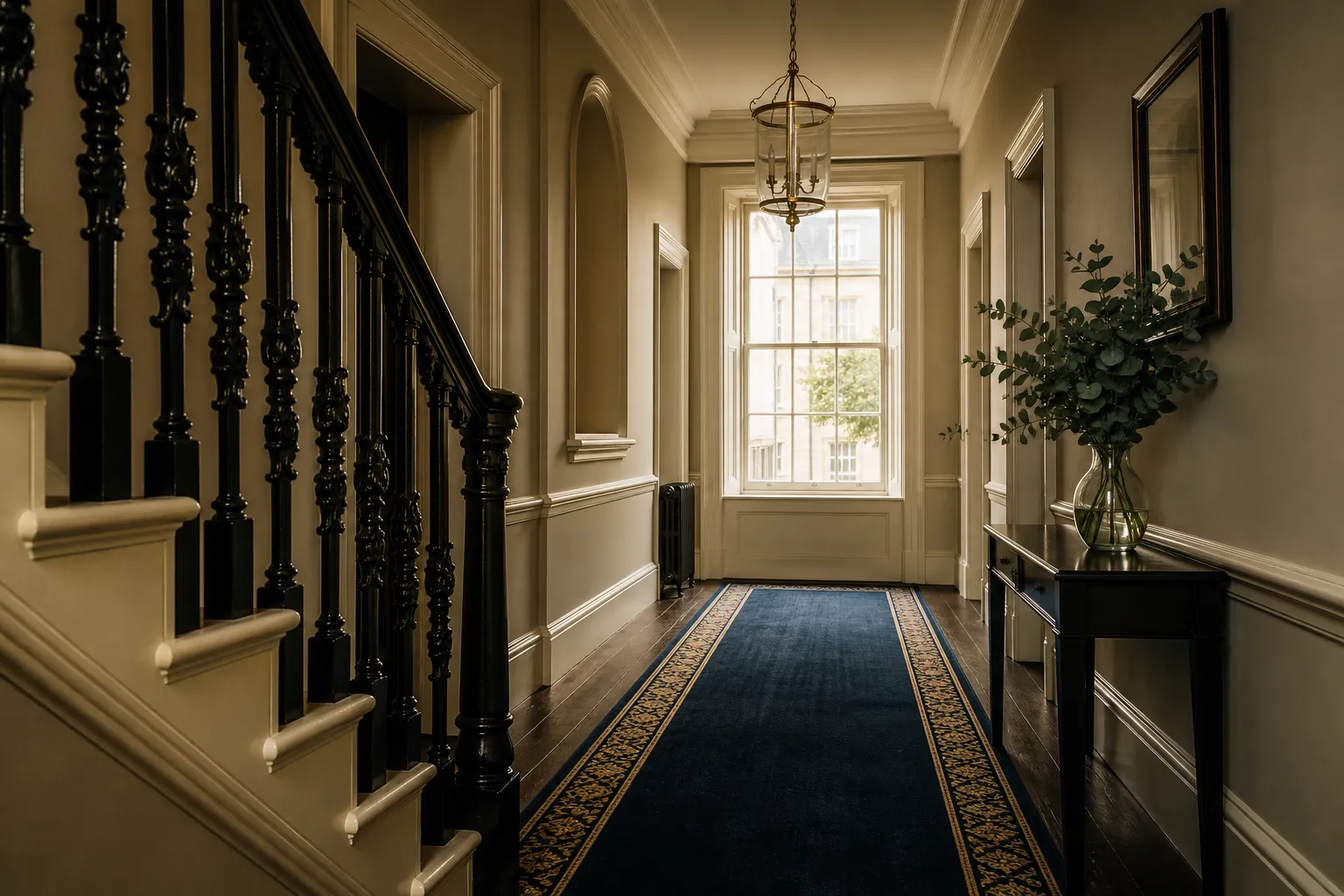 A quietly luxurious mansion-block hallway with a runner carpet and daylight.