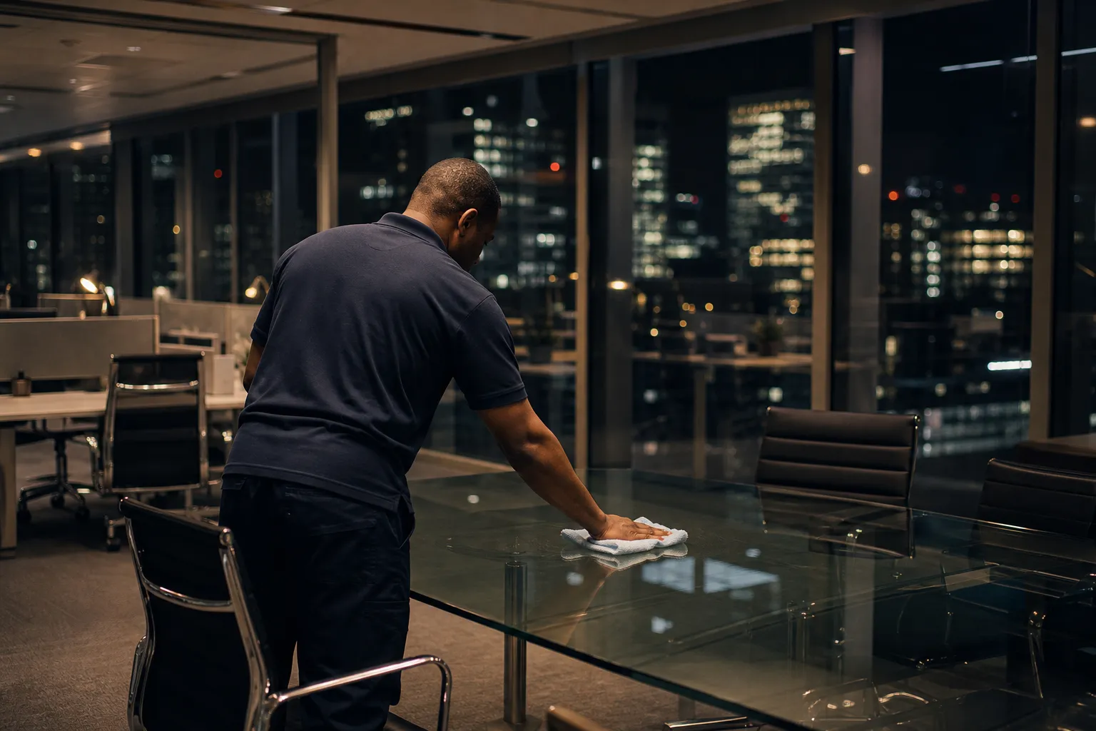 A cleaner in a plain navy polo wiping a glass meeting table in an empty office after hours.