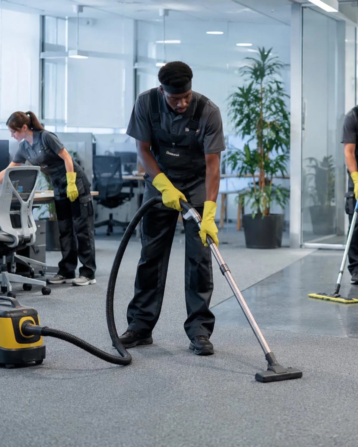 A team in uniform deep cleaning an office — vacuuming carpets, mopping floors, and detailing glass.