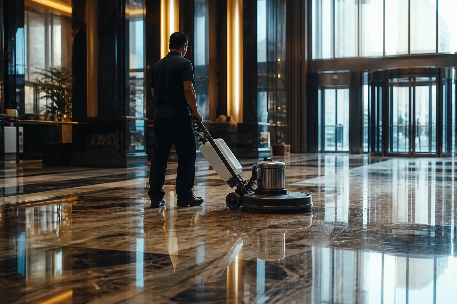 A marble lobby floor being machine-polished to a quiet sheen.