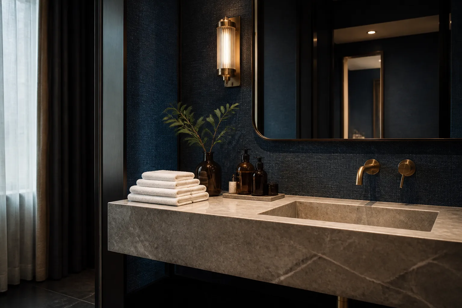 A premium stone washroom vanity with folded towels and unlabelled amber bottles.